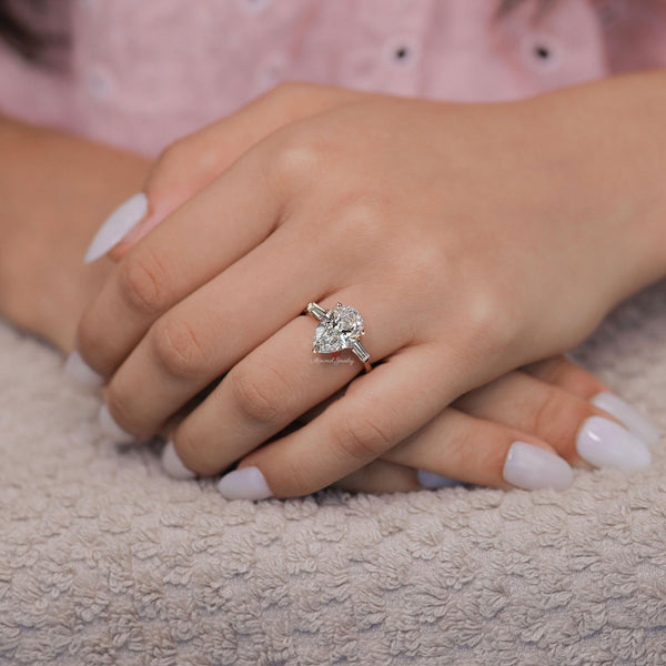 Lab Grown Diamond pear engagement ring set 14k Rose gold pear shape ring 3.2 TCW Three stone diamond wedding Ring hidden halo promise ring