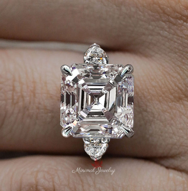 9CT Asscher Cut Moissanite Engagement Ring: Three Stone Wedding Ring