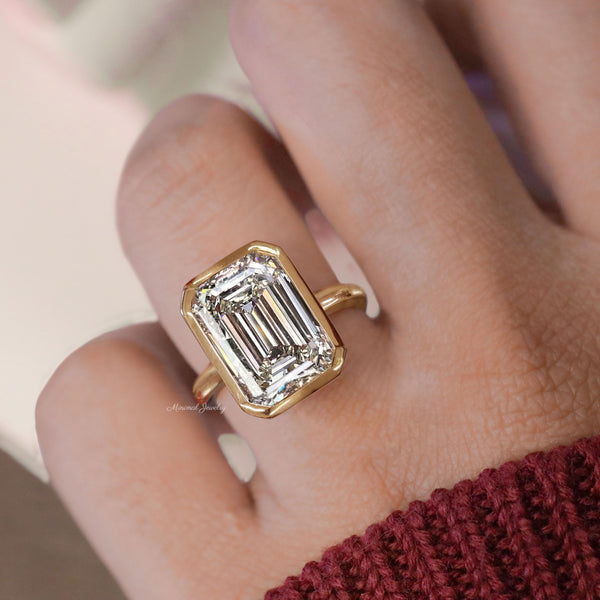 Emerald cut bezel set moissanite ring 8CT large Emerald cut engagement ring gold cathedral wedding ring big diamond anniversary ring women