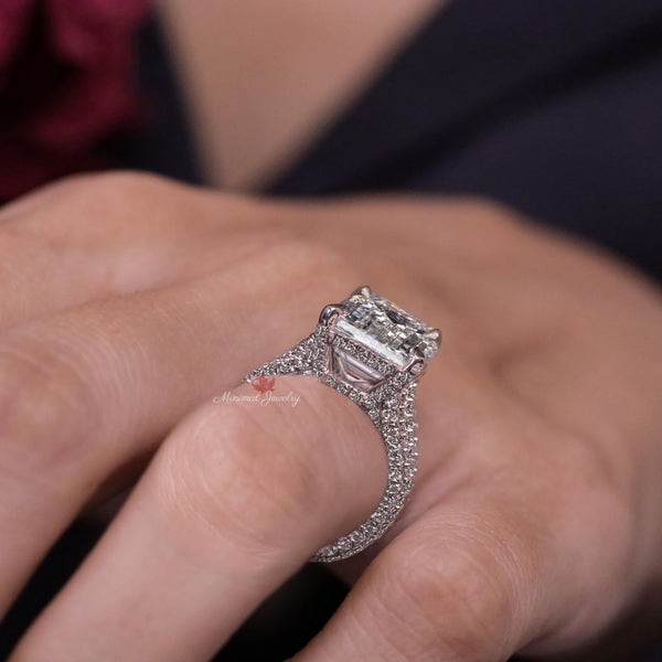 Emerald Cut Moissanite Ring Hidden Halo Split Shank 8ct Emerald Cut Engagement Wedding Ring Statement Cocktail Ring anniversary ring women