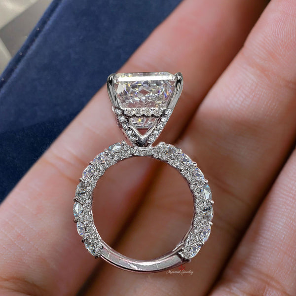5 carat radiant moissanite engagement ring hidden halo Thick eternity band large radiant cut ring unique ring design diamond wedding ring