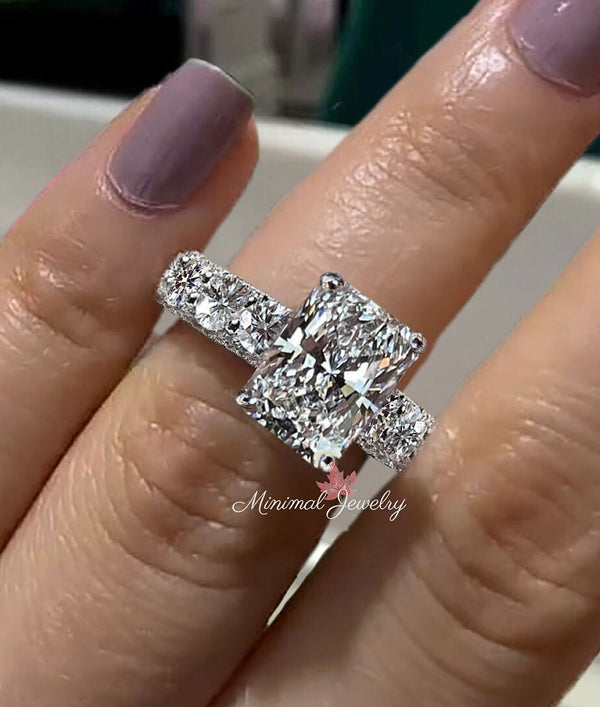 3.5 CT radiant cut engagement ring,crushed ice radiant moissanite engagement ring,hidden halo solitaire,eternity wide band,wedding ring