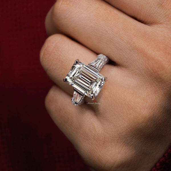 8CT Emerald cut moissanite engagement ring Three stone emerald cut engagement wedding ring hidden halo anniversary gift large diamond ring