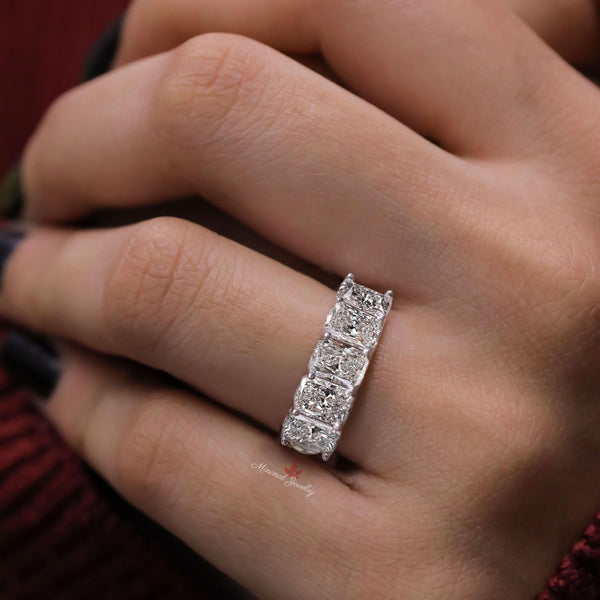 Radiant cut five stone ring,5 Moissanite wedding band,unique half eternity wedding band,thick stacking rings,women,anniversary gift 5 years