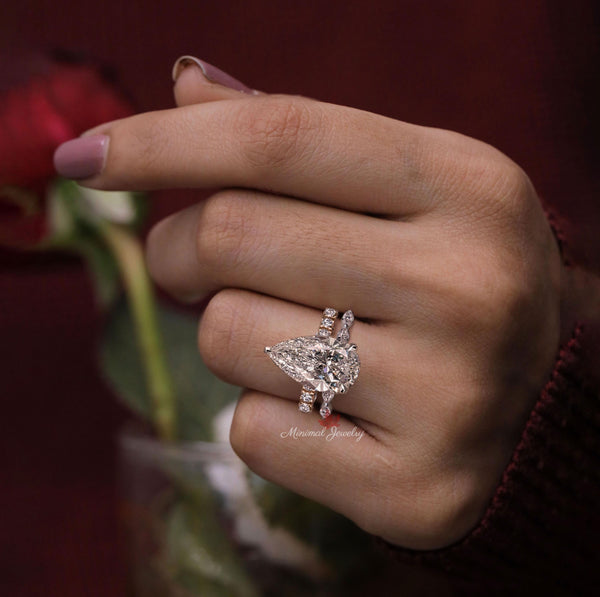 5CT pear cut moissanite engagement ring set Rose gold pear shape engagement ring solitaire cathedral two tone ring anniversary wedding ring