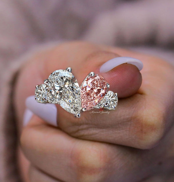 5.5CT Two stone ring pear shaped engagement ring Toi et moi hidden halo pear moissanite&pink pear morganite ring double diamond wedding ring