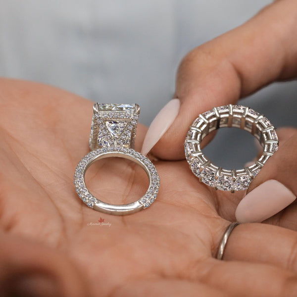 Radiant cut moissanite engagement ring set hidden halo 12.5CT Radiant moissanite bridal set wedding ring big large diamond anniversary ring