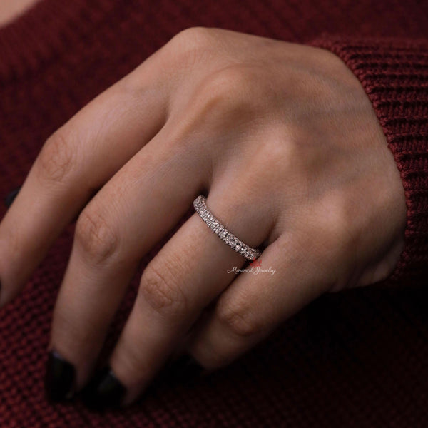 Dainty wedding band 14k solid Thin gold ring 2.5mm moissanite simple wedding band stackable ring set pave eternity band anniversary gift her