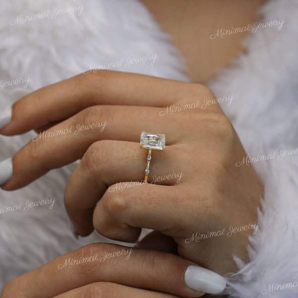 2.5 CT emerald cut moissanite engagement ring,hidden halo,unique emerald cut solitaire moissanite,pave space 18k/14k gold,wedding ring women