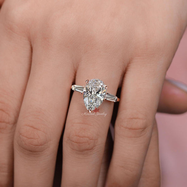 Lab Grown Diamond pear engagement ring set 14k Rose gold pear shape ring 3.2 TCW Three stone diamond wedding Ring hidden halo promise ring