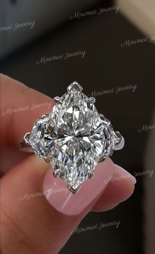 4CT Marquise Engagement Ring Three Stone Marquise Moissanite Ring Side Trapezoids Grey Moissanite Ring 14k Gold wedding anniversary ring