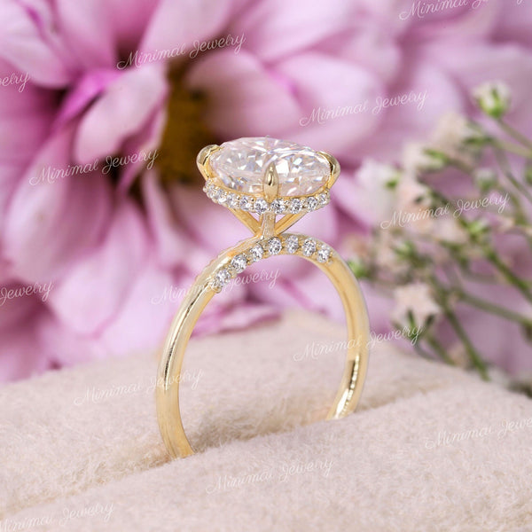 2.5 CT oval engagement ring,moissanite oval solitaire ring,hidden halo,modern,pave bridge,wedding ring,women,promise ring,14k yellow gold