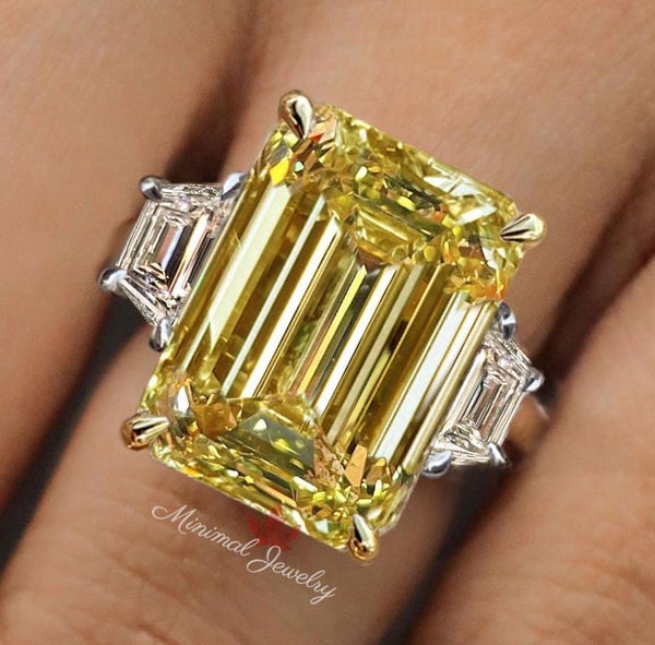 11.5 CT canary yellow Emerald cut moissanite engagement ring Large Three stone yellow sapphire ring fancy yellow diamond ring wedding ring