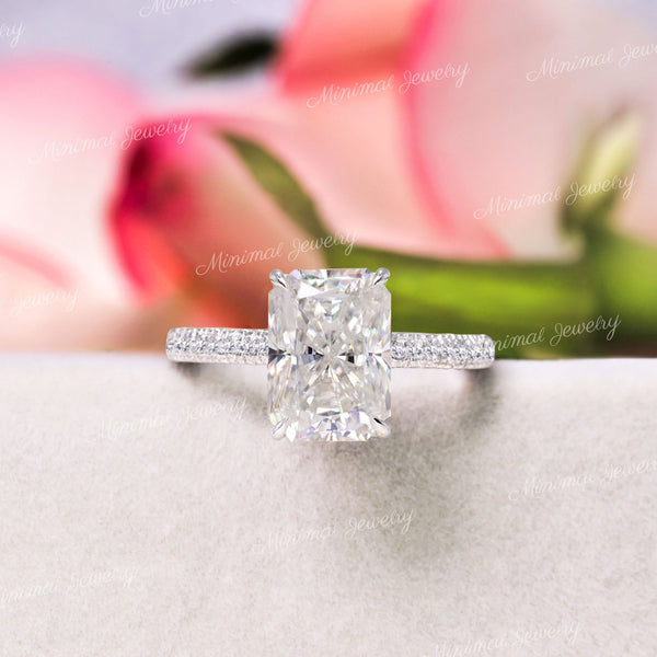 3ct Radiant cut moissanite engagement ring Hidden Halo Solitaire 14K White Gold Proposal Wedding Ring for Women