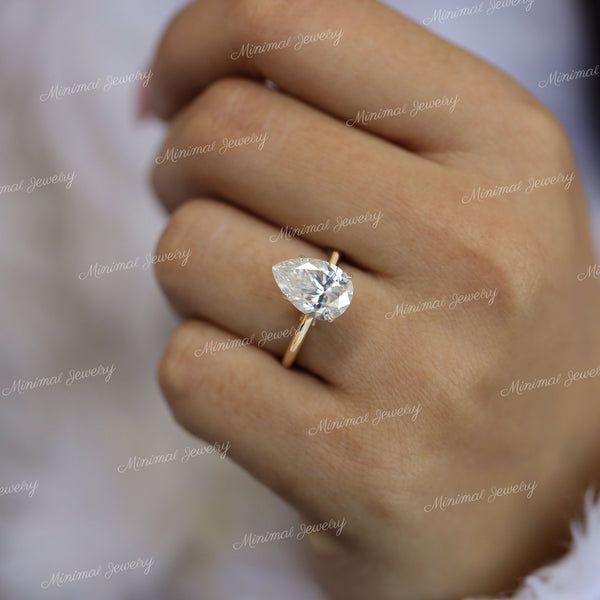 3CT pear moissanite engagement ring,hidden halo solitaire pear shaped engagement ring,pave bridge Cathedral ring,teardrop ring,wedding ring