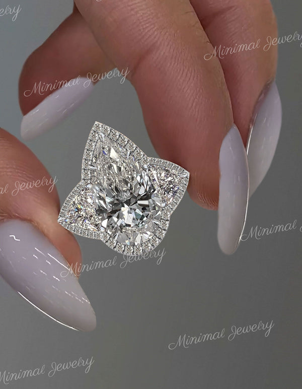 Pear shaped engagement ring Three stone 3CT pear moissanite halo wedding ring white gold teardrop anniversary ring diamond alternative ring
