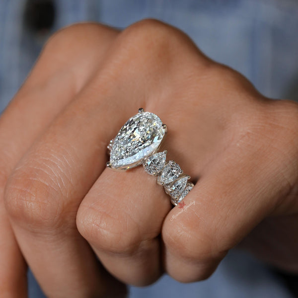 6 CT unique pear shaped engagement ring wide band teardrop ring celebrity style large pear moissanite engagement ring iced out wedding ring
