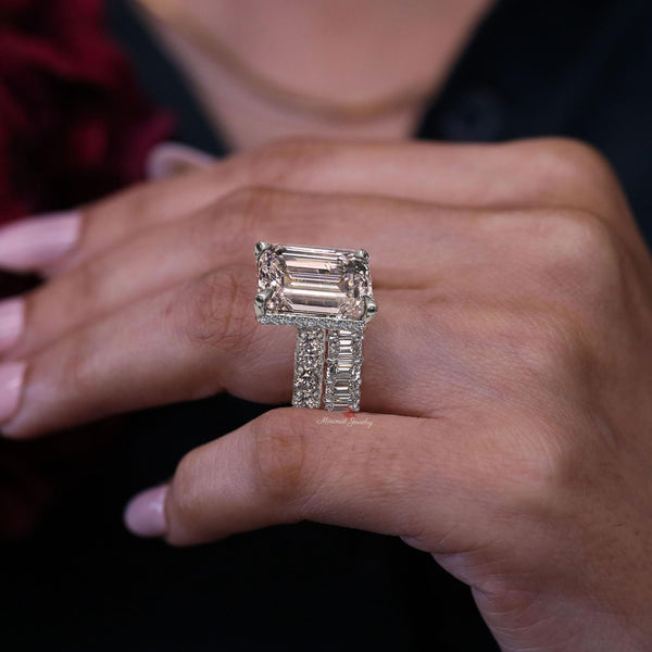 Emerald Cut Moissanite Engagement Ring Set Hidden Halo & Eternity Band 11CT Large Moissanite Bridal set Wedding Ring Anniversary Gift women