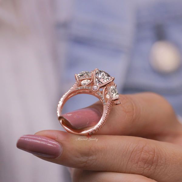 6 CT Three stone oval cut moissanite engagement ring hidden halo cathedral ring set large moissanite 3 stone wedding ring anniversary ring