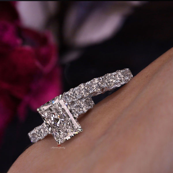 5 CT Radiant cut Engagement ring set,large radiant moissanite solitaire,Celebrity Style art deco,hidden halo,Wide Band wedding ring set