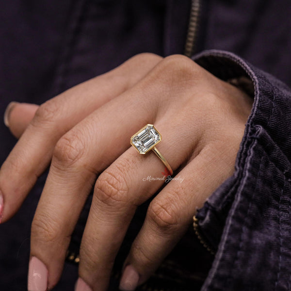 Emerald Cut Engagement Ring 4CT Lab Grown Diamond Bezel Set Ring 14K Gold Solitaire Ring VVS clarity IGI Certified diamond Wedding ring