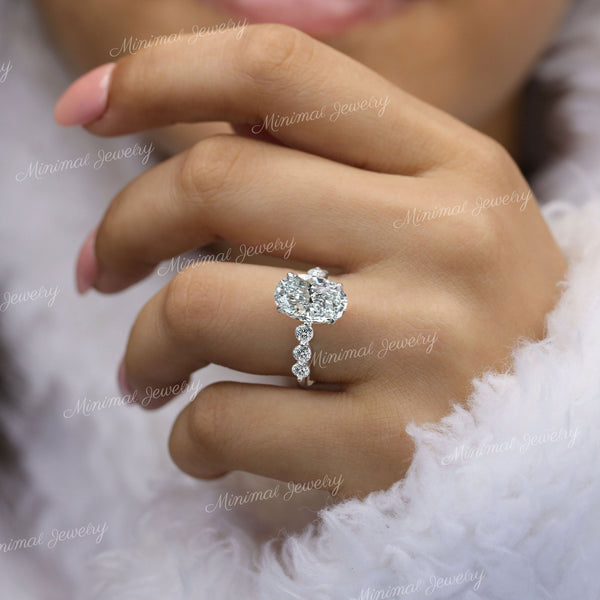 4.1 CT oval moissanite engagement ring,unique solitaire oval engagement ring,art deco 14K white gold wedding ring,thick bubble band,women