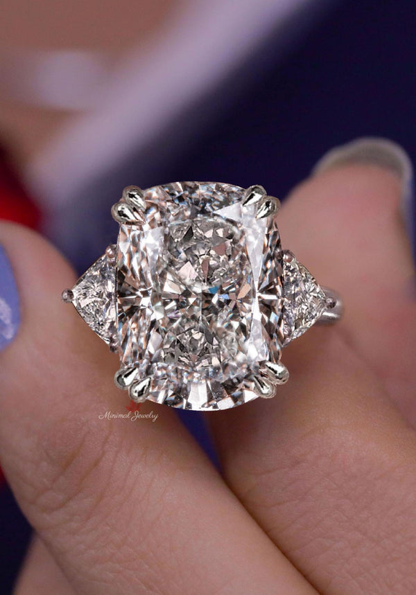 Cushion Cut Moissanite Engagement Ring Side Trillions 18.5CT Elongated Cushion Three Stone Wedding Ring Large Anniversary Statement Ring 14k