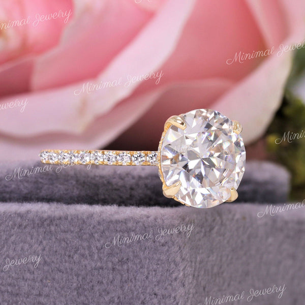 4CT moissanite engagement ring,round hidden halo solitaire ring,4 claw prong,classic round cut moissanite ring,aniversary,wedding ring,women