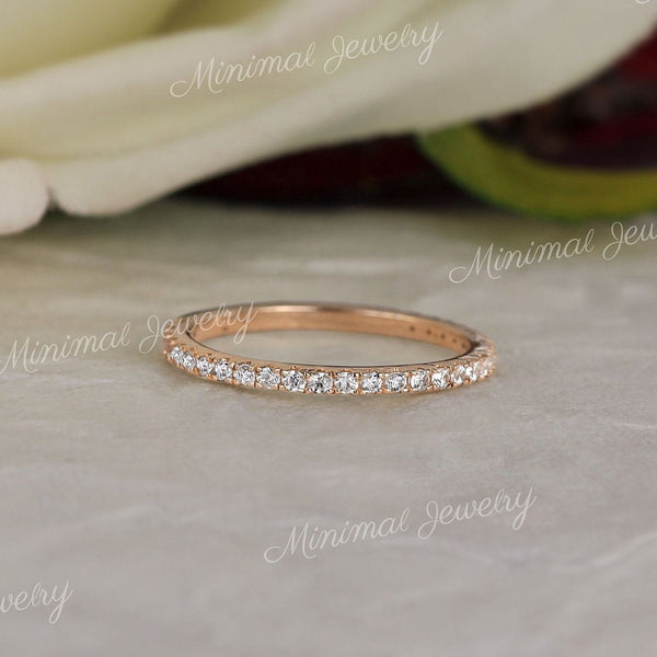 micro pave wedding band,3/4 Eternity Ring,solid 14k Gold,1.5 mm Thin wedding band,moissanite wedding band,simple,dainty stacking ring,women