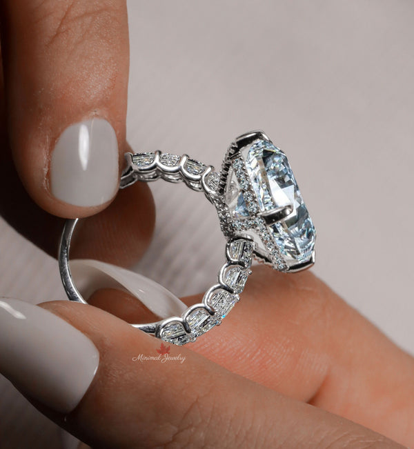 Radiant Cut Moissanite Engagement Ring Hidden Halo Wide Band Celebrity Style Large 12.5CT Solitaire Wedding anniversary ring for women