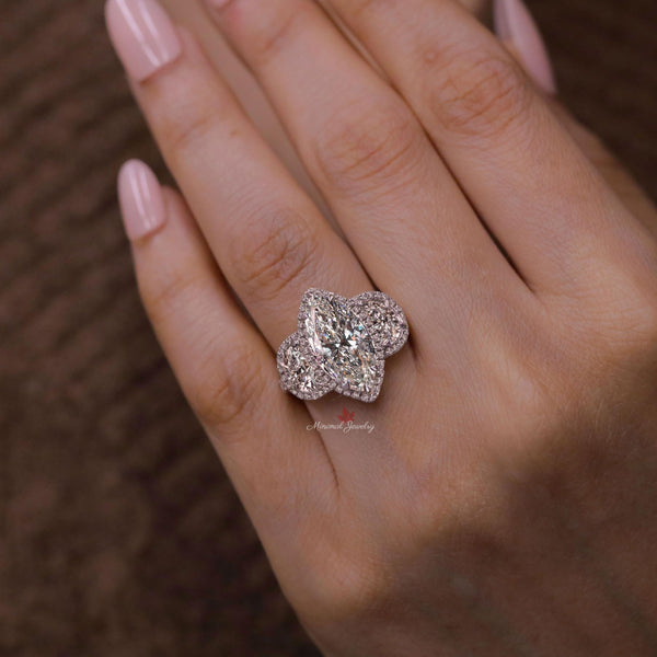 4 CT Three stone moissanite marquise halo engagement ring,half moon&large marquise cut wedding ring,celebrity style Three stone halo ring