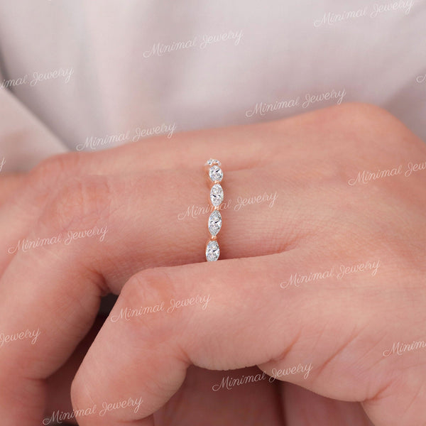 Marquise wedding band,Moissanite marquise eternity ring solid gold,dainty stackable ring,3/4 marquise band ring,thin wedding band women