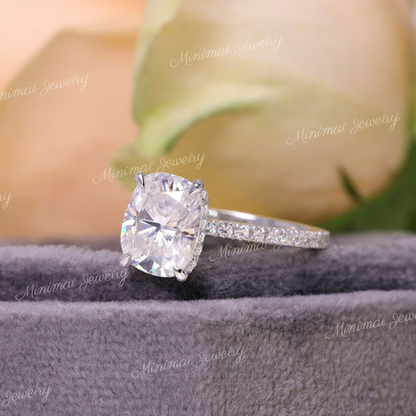 2.5 CT cushion cut engagement ring hidden halo 14k white gold unique solitaire pave prong elongated cushion moissanite ring anniversary ring