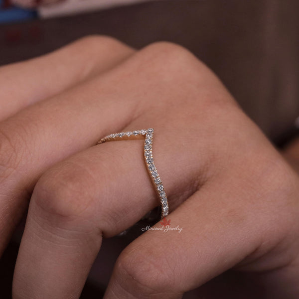 Dainty Chevron Moissanite Wedding Band: 14k Yellow Gold Contour Ring