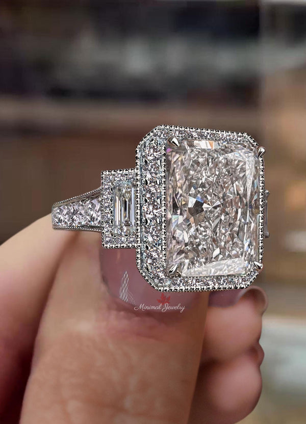 Radiant Cut Moissanite Engagement Ring 10 CT Three Stone Halo Filigree Ring Art Deco Wedding Ring Statement Large Diamond Anniversary ring