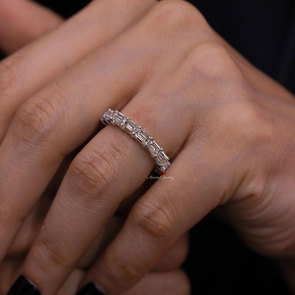 moissanite eternity band emerald cut wedding band east west bezel ring dainty wedding band gold emerald eternity ring women anniversary band