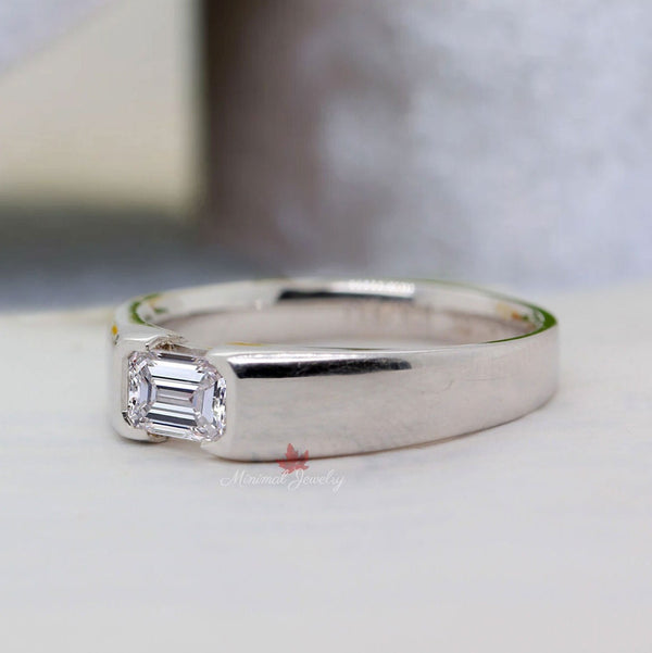 mens moissanite ring unique mens wedding band gift for him bezel set ring for men white gold mens emerald ring promise ring for him Husband