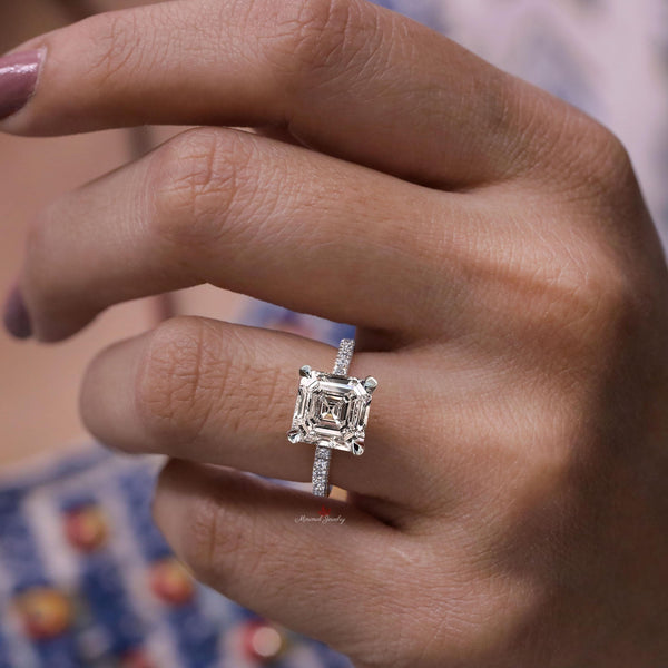 Lab Grown Diamond Engagement Ring IGI Certified 2 ct Asscher Cut Lab Diamond wedding ring Hidden halo 14k Gold 4 prong solitaire Thin Band