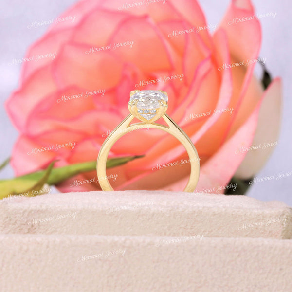 2.5 CT cushion cut moissanite engagement ring,hidden halo elongated cushion,solitaire Cathedral ring,double claw prong,14k gold,wedding ring