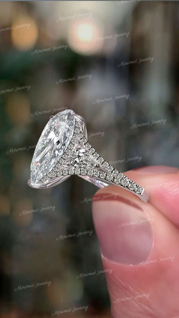 5 CT split shank pear shaped engagement ring,unique Three stone pear moissanite ring,hidden halo teardrop ring,crushed ice pear wedding ring