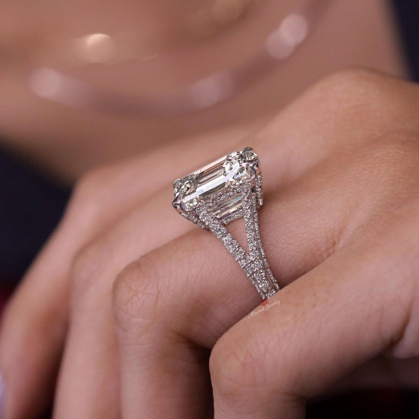 Emerald Cut Moissanite Ring Hidden Halo Split Shank 8ct Emerald Cut Engagement Wedding Ring Statement Cocktail Ring anniversary ring women