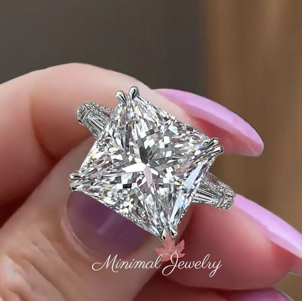 6ct princess moissanite engagement ring Three stone engagement ring hidden halo large square diamond wedding ring anniversary ring for women