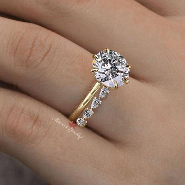 Lab Grown Diamond Engagement Ring Set 3.7CT Round Hidden Halo Solitaire Wedding Ring with Contour Band for Women