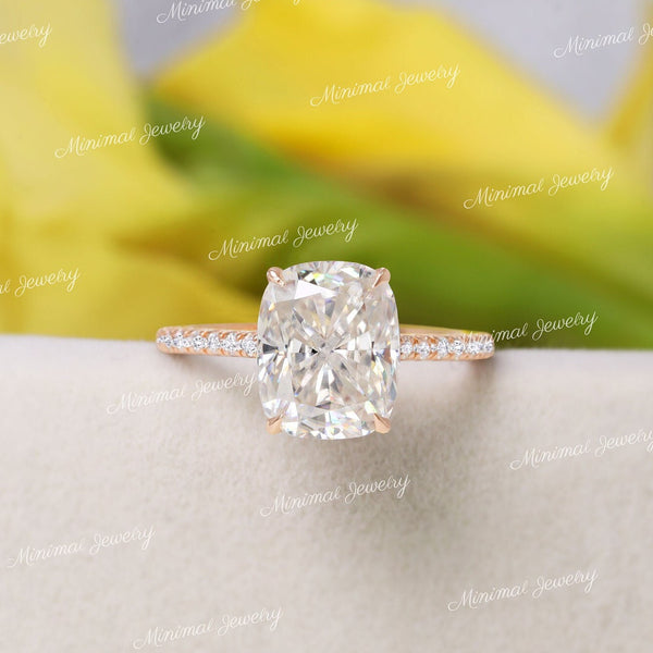 2.5 CT cushion cut moissanite engagement ring,hidden halo,14k Rose gold,pave bridge,elongated cushion,solitaire Cathedral ring,wedding ring