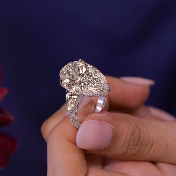 15CT Pear Cut Moissanite Engagement Ring Three Stone Hidden Halo Large Statement Wedding Ring Anniversary Ring for Women pear shaped ring