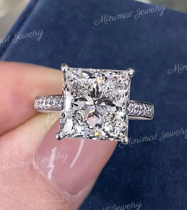 4 CT moissanite princess cut ring,hidden halo,princess cut solitaire engagement ring,low profile,square cut diamond alternative wedding ring