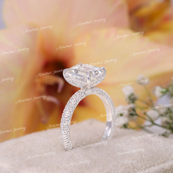 2.5CT Emerald cut moissanite engagement ring,hidden halo,unique emerald cut solitaire ring,3 row pave,claw prong,14k white gold,wedding ring