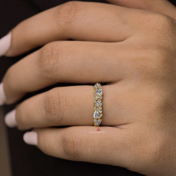 Marquise Moissanite Cluster Wedding Band baguette cluster ring 14k Gold Thick Anniversary Ring for women