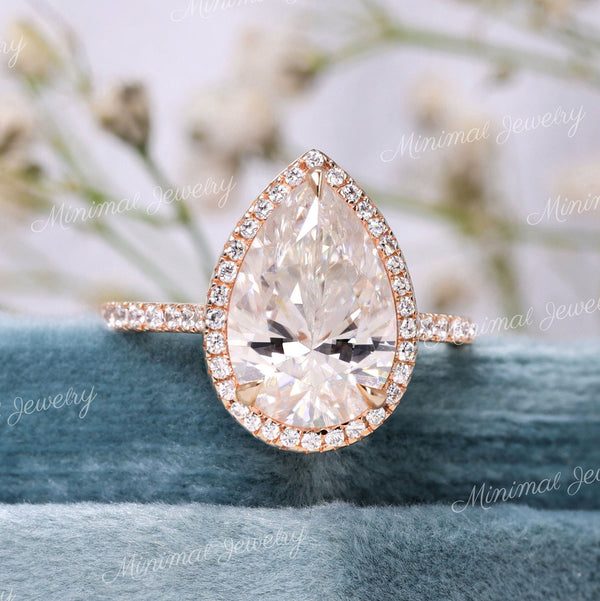 3 CT pear cut halo engagement ring,14k rose gold,pear shaped moissanite ring,wedding ring,anniversary gift ring,women,unique pear halo ring