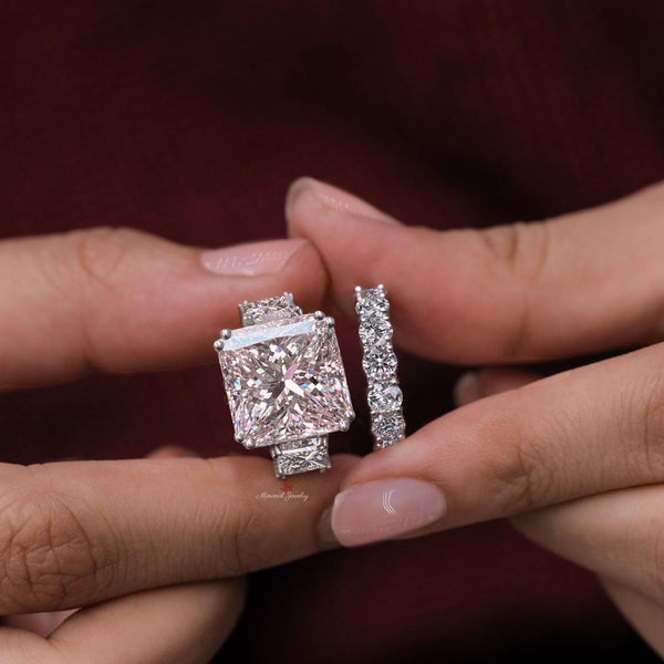 9.5CT Princess Cut Moissanite Bridal Set Three Stone Engagement Ring with Wedding Band Anniversary Wedding Ring Set 14k white gold